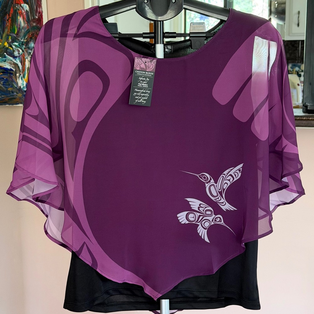 Wearable Art Paul Windsor Hummingbird Chiffon Blouse Purple Black Medium NWT